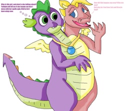 Size: 1280x1139 | Tagged: safe, artist:mojo1985, spike, dragon, g4, cassie (dragon tales), conjoined, dialogue, dragon tales, dragoness, duo, female, fusion, male, multiple heads, simple background, spell gone wrong, two heads, two-headed dragon, wat, white background, winged spike, wings