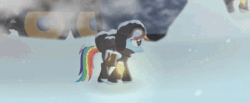 Size: 1426x587 | Tagged: safe, artist:yudhaikeledai, rainbow dash, pegasus, pony, frostpony, g4, animated, backpack, bag, clothes, coat, dark, female, flashlight (object), frostpunk, gif, goggles, hat, i can't believe it's not hasbro studios, ice, mare, ponified, post-apocalyptic, sad, saddle bag, sadness, scarf, snow, snowfall, snowflake, solo, train, trotting, wheel, winter clothes, winter coat, youtube link