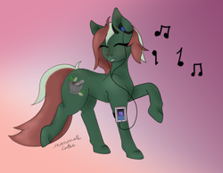 Size: 1800x1400 | Tagged: safe, artist:inanimatelotus, oc, oc only, oc:herbal remedy, crystal pony, earth pony, pony, dancing, eyes closed, gradient background, happy, jamming out, listening to music, music notes, redraw, solo