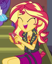 Size: 366x456 | Tagged: safe, screencap, rarity, sunset shimmer, costume conundrum, equestria girls, g4, my little pony equestria girls: better together, cropped, cute, eyes closed, female, geode of empathy, magical geodes, open mouth, phone, shimmerbetes, solo focus