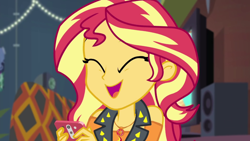 Size: 1920x1080 | Tagged: safe, screencap, sunset shimmer, costume conundrum, equestria girls, g4, my little pony equestria girls: better together, cute, eyes closed, female, geode of empathy, magical geodes, phone, shimmerbetes, solo