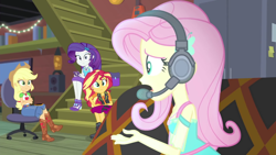 Size: 1920x1080 | Tagged: safe, screencap, applejack, fluttershy, rarity, sunset shimmer, costume conundrum, equestria girls, equestria girls series, g4, spoiler:eqg series (season 2), cellphone, female, geode of empathy, geode of fauna, geode of shielding, geode of super strength, hairpin, headphones, magical geodes, phone, smartphone