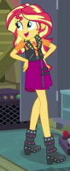Size: 201x487 | Tagged: safe, screencap, sunset shimmer, costume conundrum, costume conundrum: sunset shimmer, equestria girls, g4, my little pony equestria girls: better together, amber skin, boots, clothes, cropped, cyan eyes, female, geode of empathy, hand on hip, jewelry, leather, leather boots, leather vest, magical geodes, necklace, open mouth, open smile, red hair, shoes, shoulderless shirt, skirt, smiling, solo, spikes, talking, vest, walking, yellow streaks