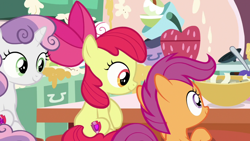 Size: 1920x1080 | Tagged: safe, screencap, apple bloom, scootaloo, sweetie belle, earth pony, pony, unicorn, g4, the big mac question, animation error, cutie mark, cutie mark crusaders, female, filly, sitting, the cmc's cutie marks