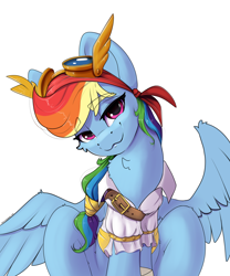 Size: 2500x3000 | Tagged: safe, artist:skitsroom, rainbow dash, pegasus, pony, my little pony: the movie, cheek fluff, clothes, cute, dashabetes, female, goggles, high res, lidded eyes, looking at you, pirate, pirate dash, simple background, sitting, smiling, solo, spread wings, white background, wings