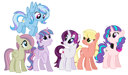Size: 2380x1400 | Tagged: safe, artist:cherrycandi, alicorn, earth pony, pegasus, pony, unicorn, base used, female, group, headphones, magical lesbian spawn, makeup, offspring, parent:applejack, parent:cayenne, parent:fluttershy, parent:lily, parent:lily valley, parent:marble pie, parent:pinkie pie, parent:rainbow dash, parent:rarity, parent:trixie, parent:twilight sparkle, parent:vapor trail, parent:vinyl scratch, parents:cayennity, parents:lilyjack, parents:marbleshy, parents:trixdash, parents:vaporlight, parents:vinylpie, simple background, transparent background