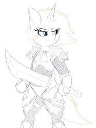 Size: 682x911 | Tagged: safe, artist:andelai, oc, oc only, oc:celice, unicorn, semi-anthro, arm hooves, armor, bipedal, fantasy class, female, solo, sword, warcraft, warrior, weapon, world of warcraft