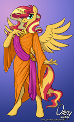 Size: 800x1320 | Tagged: safe, artist:omny87, sunset shimmer, alicorn, anthro, unguligrade anthro, g4, alicornified, clothes, female, mare, patreon, patreon reward, race swap, shimmercorn, signature, simple background, smiling, solo, spread wings, toga, wings