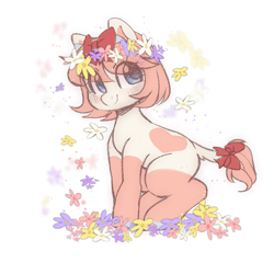 Size: 1600x1600 | Tagged: safe, artist:angelbeat-drift, derpibooru exclusive, oc, oc:iwa, cow, cow pony, blushing, bow, female, floral head wreath, flower, hair bow, horn, mare, simple background, sitting, smiling, smiling at you, tail bow