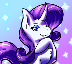 Size: 900x806 | Tagged: safe, artist:inika-xeathis, rarity, pony, unicorn, g4, abstract background, chest fluff, curved horn, female, hoof on chin, horn, mare, smiling, solo