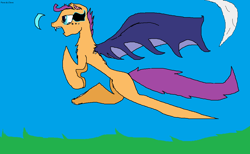 Size: 1122x690 | Tagged: safe, artist:pawstheartest, scootaloo, bat pony, pony, g4, 1000 hours in ms paint, bat ponified, crescent moon, fangs, female, filly, flying, moon, open mouth, race swap, scootabat, scootaloo can fly, solo, sombra eyes