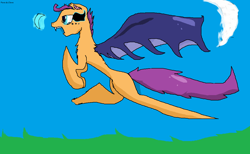 Size: 1122x690 | Tagged: safe, alternate version, artist:pawstheartest, scootaloo, bat pony, pony, g4, 1000 hours in ms paint, bat ponified, crescent moon, fangs, female, filly, flying, moon, open mouth, race swap, scootabat, scootaloo can fly, shading, solo, sombra eyes