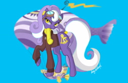 Size: 3045x1970 | Tagged: safe, artist:inkynotebook, oc, oc only, oc:aether naut, earth pony, pony, airship, bedroom eyes, blue background, clothes, earth pony oc, female, goggles, mare, raised hoof, scarf, signature, simple background, solo