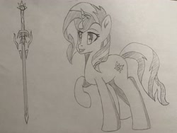 Size: 4032x3024 | Tagged: safe, artist:artevi, sunset shimmer, pony, unicorn, g4, female, solo, sword, traditional art, weapon