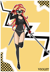 Size: 1750x2500 | Tagged: safe, artist:banquo0, sunset shimmer, human, art pack:my little persona ii, g4, breasts, cleavage, clothes, female, gloves, humanized, kasumi yoshizawa, leotard, mask, persona, persona 5, persona 5 royal, phantom thief, phantom thieves, shoes, solo, sword, violet (persona), weapon