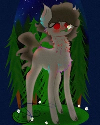 Size: 849x1061 | Tagged: safe, artist:nel_liddell, oc, oc only, pony, chest fluff, flower, flower in mouth, mouth hold, night, outdoors, signature, solo, stars, tree