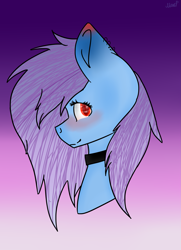 Size: 2085x2875 | Tagged: safe, artist:toptian, oc, oc only, earth pony, pony, blushing, bust, choker, earth pony oc, gradient background, high res, signature, smiling, solo