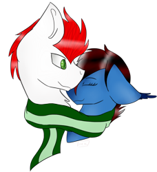 Size: 2336x2567 | Tagged: safe, artist:toptian, oc, oc only, earth pony, pony, bust, clothes, earth pony oc, female, high res, male, mare, oc x oc, scarf, shared clothing, shared scarf, shipping, simple background, stallion, straight, transparent background