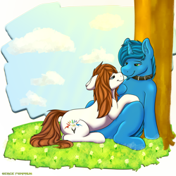 Size: 3000x3000 | Tagged: safe, artist:sergefoxpaws, oc, oc only, earth pony, pony, unicorn, cloud, collar, cuddling, cutie mark, digital art, duo, female, high res, hooves, horn, looking at each other, male, mare, oc x oc, shipping, simple background, sky, smiling, stallion, tail, transparent background, tree