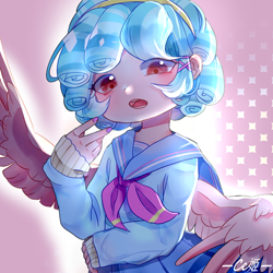 Size: 520x520 | Tagged: dead source, safe, alternate version, artist:cc姬不喝鸡汤, cozy glow, human, g4, anime, clothes, female, humanized, looking at you, open mouth, sailor uniform, solo, uniform, winged humanization, wings