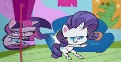 Size: 668x343 | Tagged: safe, screencap, rarity, spike, twilight sparkle, alicorn, dragon, pony, unicorn, director spike's mockumentary, g4.5, my little pony: pony life, animated, bipedal, camera, couch, dancing, eyes closed, female, flying, male, mare, party hard, two-frame gif, wide eyes