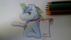 Size: 1280x722 | Tagged: safe, artist:sergefoxpaws, oc, oc only, pony, unicorn, collar, crying, disembodied hand, glowing horn, gritted teeth, group grope, hand, horn, leash, magic, magic hands, pencil drawing, pet play, simple background, solo, traditional art