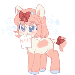 Size: 1000x1000 | Tagged: safe, artist:stablegrass, derpibooru exclusive, oc, oc only, oc:iwa, cow, cow pony, blushing, bow, female, hair bow, horn, mare, paper, simple background, standing, tail bow, unshorn fetlocks