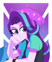 Size: 2448x2904 | Tagged: safe, artist:xan-gelx, starlight glimmer, equestria girls, equestria girls specials, g4, my little pony equestria girls: mirror magic, beanie, book, clothes, cute, female, glimmerbetes, hat, high res, lidded eyes, looking at you, sitting, smiling, solo, vest