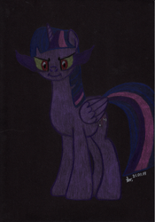 Size: 2051x2924 | Tagged: safe, artist:aracage, twilight sparkle, alicorn, pony, g4, black background, colored pencil drawing, corrupted, corrupted twilight sparkle, dark, dark magic, dark twilight, dark twilight sparkle, darklight, darklight sparkle, evil grin, female, grin, high res, magic, possessed, simple background, smiling, solo, sombra eyes, traditional art, twilight sparkle (alicorn)