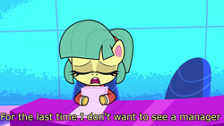 Size: 1920x1080 | Tagged: safe, edit, edited screencap, screencap, karen (g4.5), pony, g4.5, my little pony: pony life, the rarity report, caption, female, image macro, karen, news reporter, solo, speak to the manager, text
