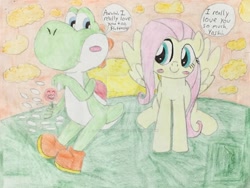 Size: 1280x960 | Tagged: safe, artist:justinvaldecanas, fluttershy, yoshi, g4, crossover, crossover shipping, deviantart watermark, dialogue, female, flutteryoshi, male, obtrusive watermark, shipping, straight, super mario bros., traditional art, watermark