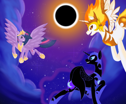 Size: 4028x3337 | Tagged: safe, daybreaker, nightmare moon, twilight sparkle, alicorn, fly, insect, pony, g4, the last problem, armor, armored pony, cloud, corrupted, corrupted celestia, corrupted luna, daybreaker armor, eclipse, evil, evil laugh, evil smile, fanart, fangs, female, flying, grin, horn, laughing, mare, nightmare moon armor, older, older twilight, older twilight sparkle (alicorn), princess twilight 2.0, smiling, spread wings, twilight sparkle (alicorn), wings