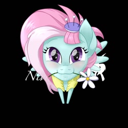 Size: 1500x1500 | Tagged: safe, artist:nivimonster, kerfuffle, pegasus, pony, g4, cute, flower, fufflebetes, looking at you, mouth hold, purple eyes, simple background