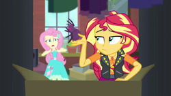 Size: 1920x1080 | Tagged: safe, screencap, fluttershy, sunset shimmer, spider, costume conundrum, costume conundrum: sunset shimmer, equestria girls, g4, my little pony equestria girls: better together, female, geode of empathy, geode of fauna, magical geodes