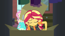 Size: 1920x1080 | Tagged: safe, screencap, fluttershy, sunset shimmer, costume conundrum, costume conundrum: sunset shimmer, equestria girls, g4, my little pony equestria girls: better together, eyes closed, female, geode of empathy, magical geodes