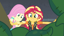 Size: 1920x1080 | Tagged: safe, screencap, fluttershy, sunset shimmer, costume conundrum, costume conundrum: sunset shimmer, equestria girls, equestria girls series, g4, spoiler:eqg series (season 2), female, geode of empathy, geode of fauna, magical geodes, nervous