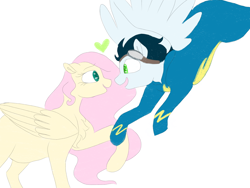 Size: 2828x2121 | Tagged: safe, artist:doodletheexpoodle, fluttershy, soarin', pegasus, pony, g4, chest fluff, clothes, female, heart, high res, holding hooves, looking at each other, male, mare, shipping, simple background, soarinshy, stallion, straight, uniform, white background, wonderbolts uniform