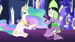 Size: 1280x720 | Tagged: safe, screencap, princess celestia, spike, twilight sparkle, alicorn, dragon, pony, celestial advice, g4, my little pony: friendship is magic, female, mare, raised hoof, sitting, twilight sparkle (alicorn)