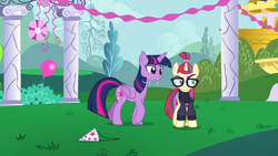 Size: 1280x720 | Tagged: safe, screencap, moondancer, twilight sparkle, alicorn, pony, unicorn, amending fences, g4, my little pony: friendship is magic, season 5, balloon, clothes, female, glasses, hat, mare, party hat, sweater, twilight sparkle (alicorn)