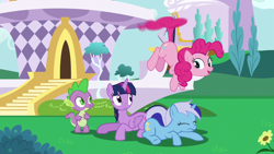 Size: 1280x720 | Tagged: safe, screencap, minuette, pinkie pie, spike, twilight sparkle, alicorn, dragon, earth pony, pony, unicorn, amending fences, g4, season 5, female, floating, male, mare, pinkiecopter, tail, tailcopter, trio, trio female, twilight sparkle (alicorn)