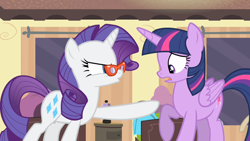 Size: 1280x720 | Tagged: safe, screencap, rarity, twilight sparkle, alicorn, pony, unicorn, g4, rarity takes manehattan, female, glasses, mare, pointing, twilight sparkle (alicorn)