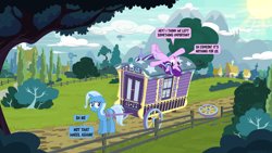 Size: 3840x2160 | Tagged: safe, artist:le-23, starlight glimmer, trixie, pony, unicorn, g4, airship, canterlot, complex background, duo, fence, high res, mountain, road, speech bubble, tree, trixie's wagon, windmill