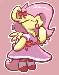 Size: 2560x3250 | Tagged: dead source, safe, artist:php142, fluttershy, pegasus, semi-anthro, g4, arm hooves, bipedal, bow, cel shading, clothes, crossover, cute, dress, eyes closed, female, high res, mare, pink background, shading, shyabetes, simple background, solo, spread wings, terraria, tongue out, wings