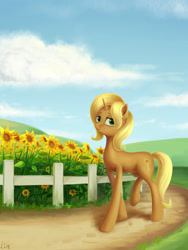 Size: 3543x4724 | Tagged: safe, artist:lin feng, sunflower spectacle, pony, unicorn, g4, absurd resolution, cottagecore, female, fence, flower, solo, sunflower