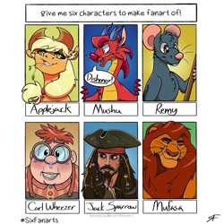 Size: 1080x1080 | Tagged: safe, applejack, big cat, dragon, earth pony, eastern dragon, human, lion, pony, rat, anthro, g4, anthro with ponies, carl wheezer, crossover, female, glasses, hat, jack sparrow, jimmy neutron: boy genius, male, mare, mufasa, mulan, mushu, pirate hat, pirates of the caribbean, ratatouille, remy, six fanarts, straw in mouth, the lion king