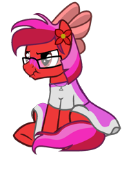 Size: 866x1142 | Tagged: safe, artist:ngthanhphong, oc, oc only, oc:ruby star, pony, blushing, bow, clothes, crossdressing, dress, embarrassed, flower, flower in hair, glasses, jewelry, male, necklace, prank, pranked, simple background, sitting, solo, stallion, transparent background
