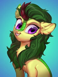 Size: 1500x2000 | Tagged: safe, artist:vensual99, oc, oc only, oc:aspen quake, kirin, ear fluff, evil smile, female, furrowed brow, gradient background, grin, kirin oc, smiling, solo, toothy grin