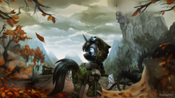 Size: 3840x2160 | Tagged: safe, artist:jedayskayvoker, oc, oc only, pony, unicorn, fanfic:shadow of equestria, autumn, camouflage, canterlot, clothes, crossover, high res, leaves, military uniform, ponyville, s.t.a.l.k.e.r., scenery, solo, the zone (s.t.a.l.k.e.r.), tree, tree stump, uniform, video game crossover