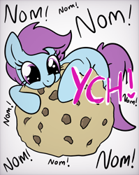 Size: 1536x1928 | Tagged: safe, artist:lannielona, pony, advertisement, big eyes, commission, cookie, female, food, giant food, mare, nom, silly, simple background, solo, white background, your character here