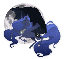 Size: 1600x1494 | Tagged: safe, artist:dementra369, princess luna, alicorn, pony, g4, bat wings, concave belly, curved horn, female, glowing hair, horn, hybrid wings, jewelry, lacrimal caruncle, large wings, moon, regalia, ribs, simple background, slender, solo, thin, transparent background, wings
